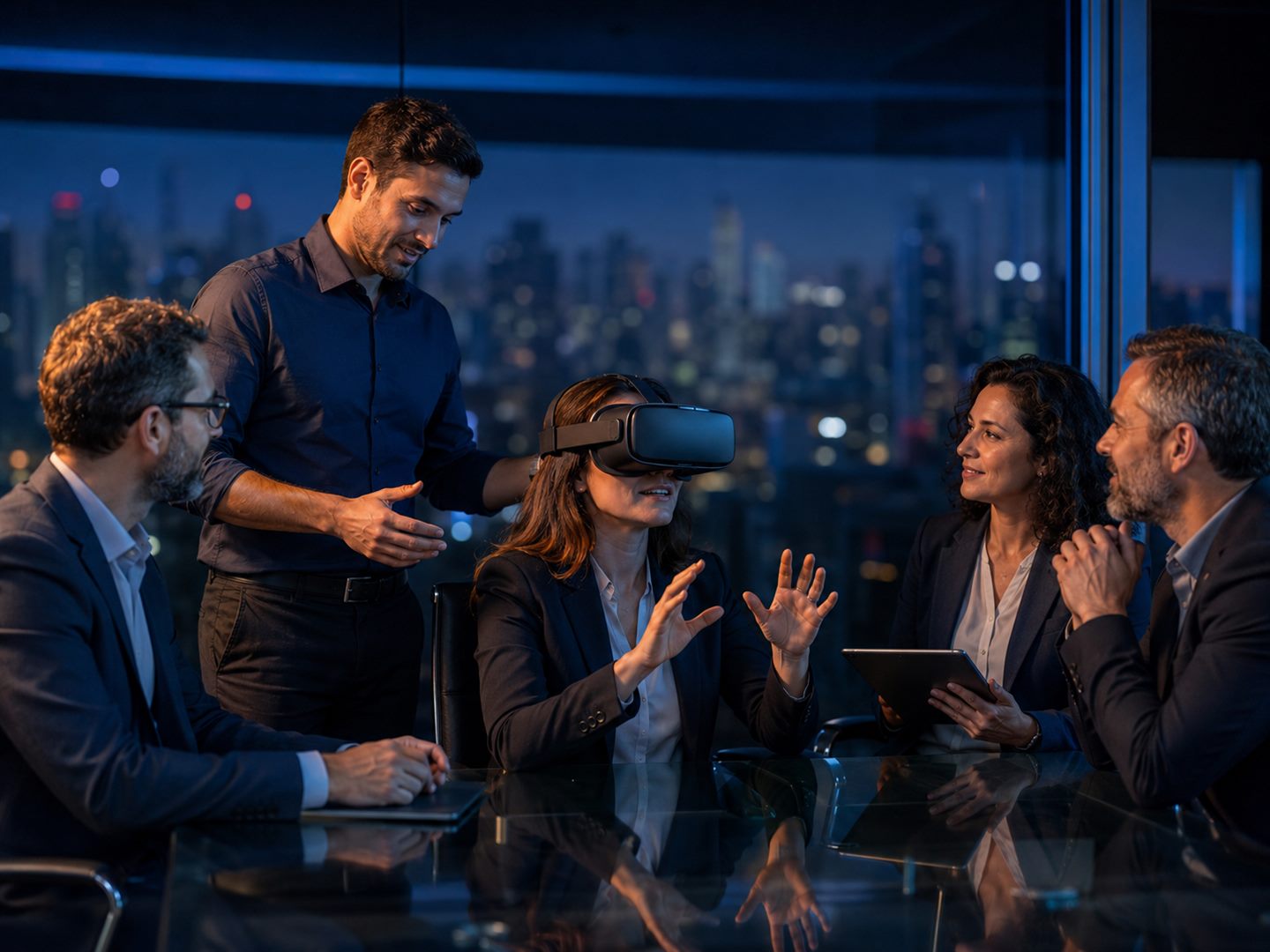 Apresentação de projeto em realidade virtual para gestores em sala de reunião