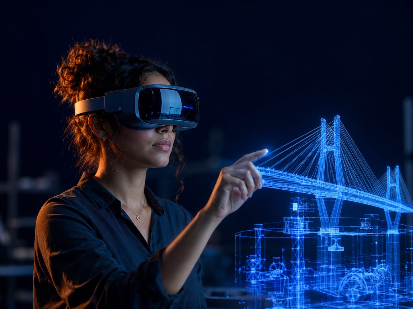 Engenheira analisando um projeto estrutural holográfico em realidade virtual