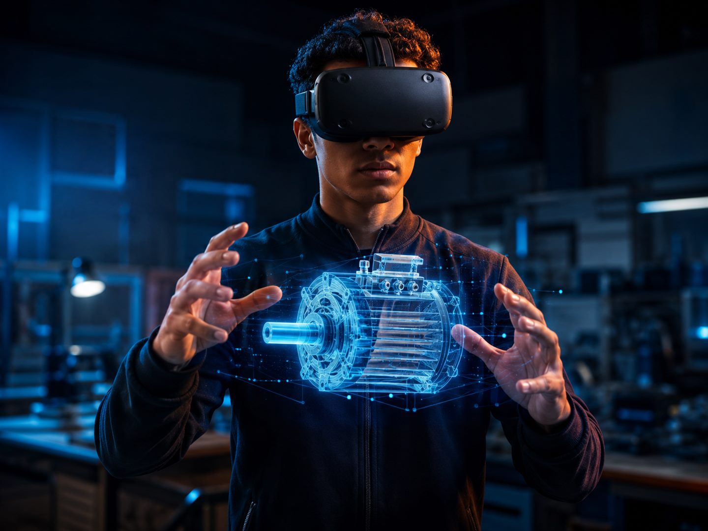 Técnico visualizando um motor industrial em 3D no Lince VR para planejamento de processos