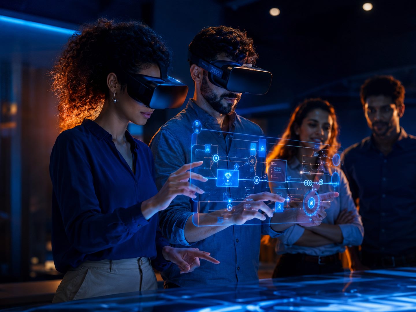 Equipe em treinamento técnico imersivo com headsets de realidade virtual