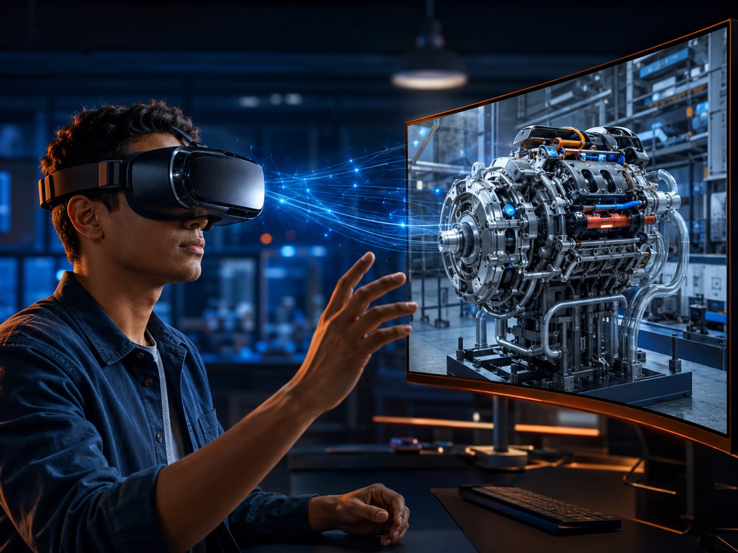 Engenheiro visualizando um motor industrial em tela e em realidade virtual com o Lince VR
