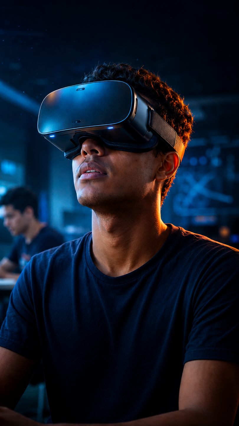 Profissional utilizando headset de realidade virtual para visualizar um projeto industrial em escala real com o Lince VR