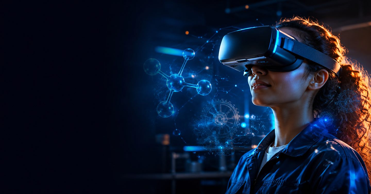 Pessoa interagindo com geometrias e processos industriais em realidade virtual usando o Lince VR